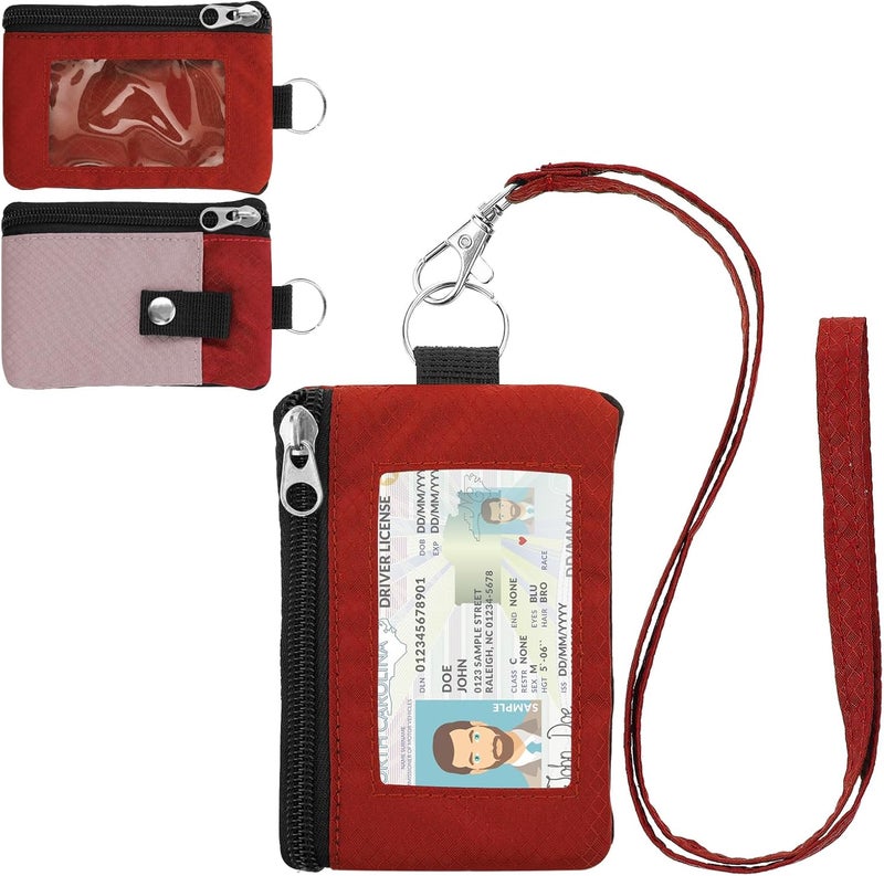 ZHOMA Minimalist RFID Wallet with Lanyard, Multi-Functional ID Case with 2 Zipper Pockets and Key Chain for Men and Women, Tactical Badge Pouch Cards Holder, Coin Purse for Travel Sports - Red&Pink - Image 1